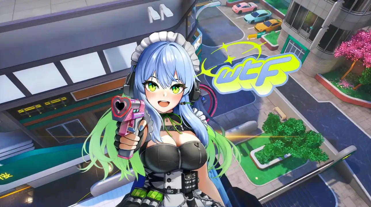Anime-style character with blue and green hair holding a heart-shaped gun, overlooking a colorful futuristic cityscape from WTF: Waifu Tactical Force