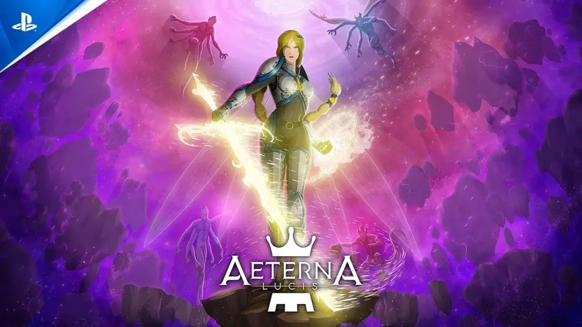 Aeterna Lucis key art showing an armored heroine with a glowing sword in a purple cosmic void