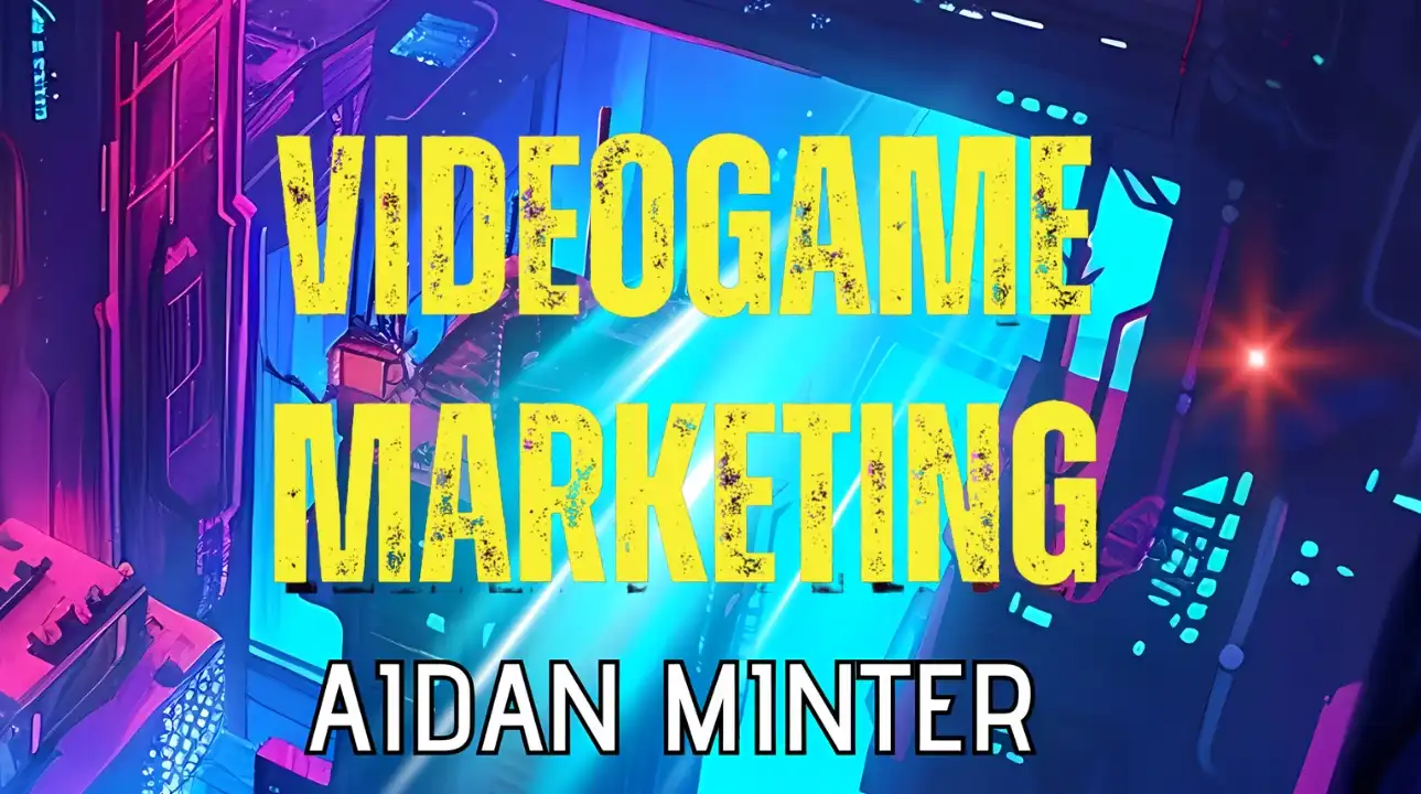 Yellow text saying “Videogame Marketing” over a neon cityscape background.