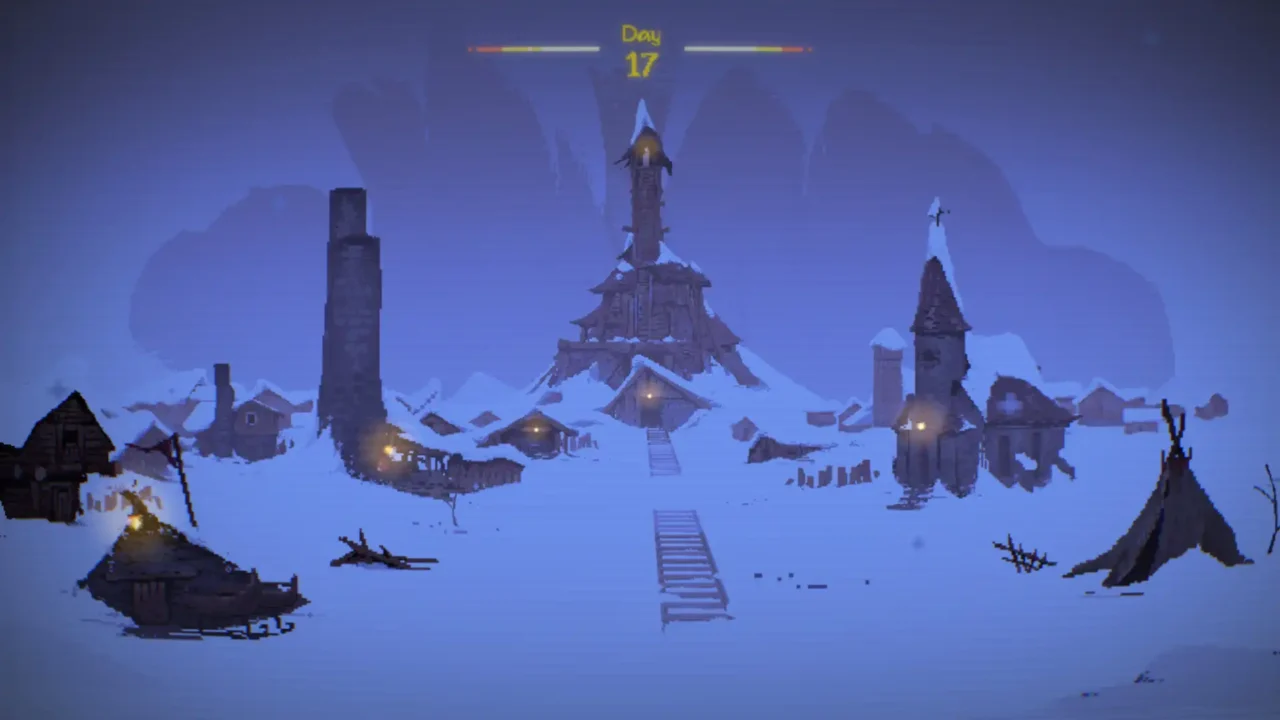 Pixel-art screenshot from Basalt: The Cursed Vein showing a snow-covered mining town with a tall central tower and day counter (Day 17) above.