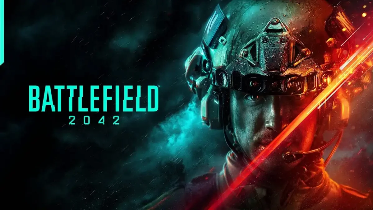Battlefield 2042 soldier in futuristic combat gear, helmet visor lit by neon blue and red streaks.