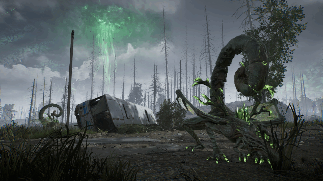 A mutated creature with glowing green tendrils stalks a decaying forest in Chernobylite 2, near a wrecked trailer and ominous green energy vortex.