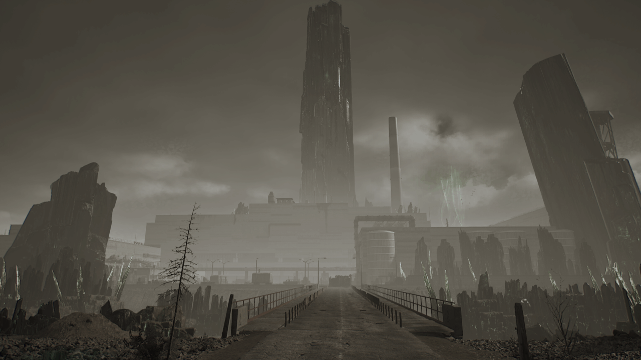 A decaying industrial structure looms under dark skies in Chernobylite 2, surrounded by jagged crystal formations and a towering obsidian-like reactor core.