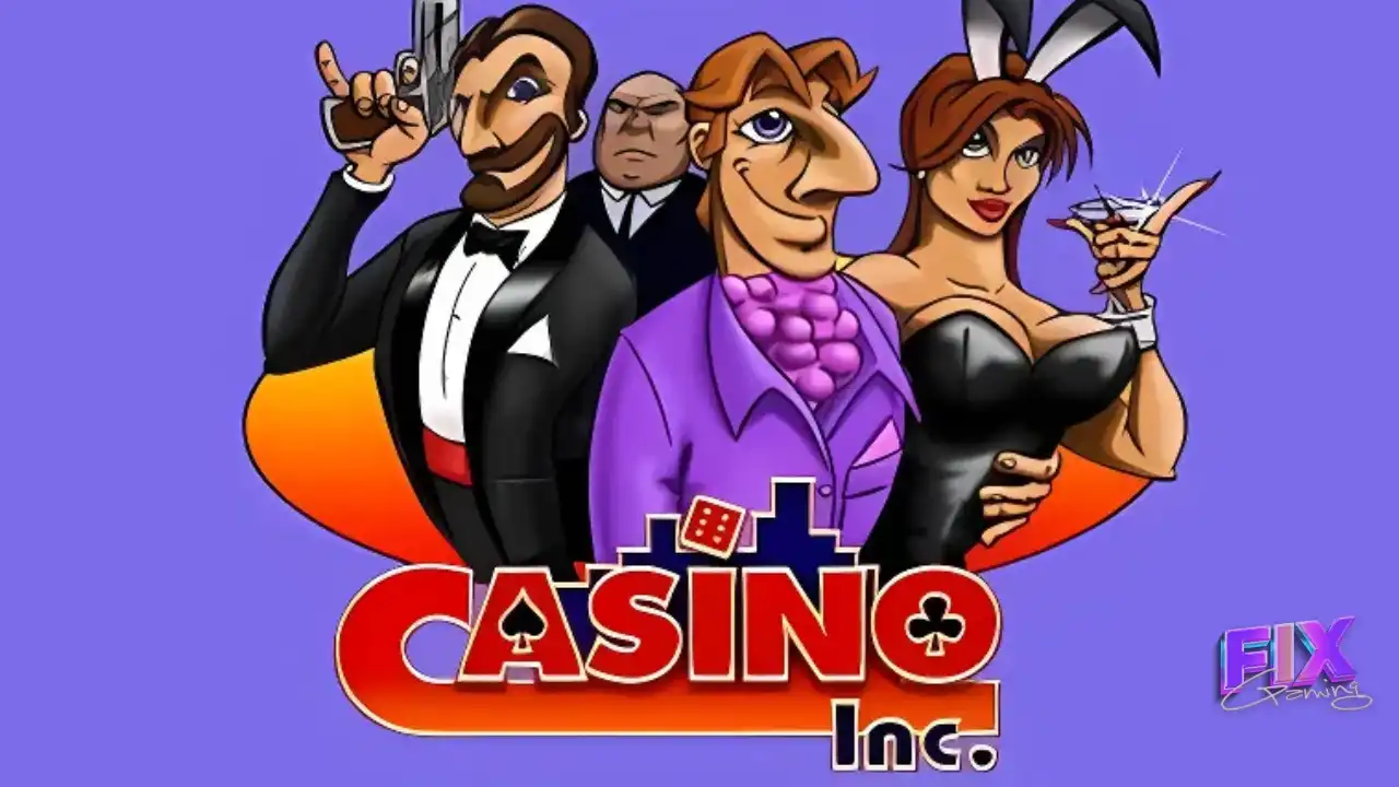 Stylized cartoon characters from the 2003 simulation game Casino Inc., including a tuxedoed man, a bodyguard, a flamboyant businessman, and a showgirl holding a martini.