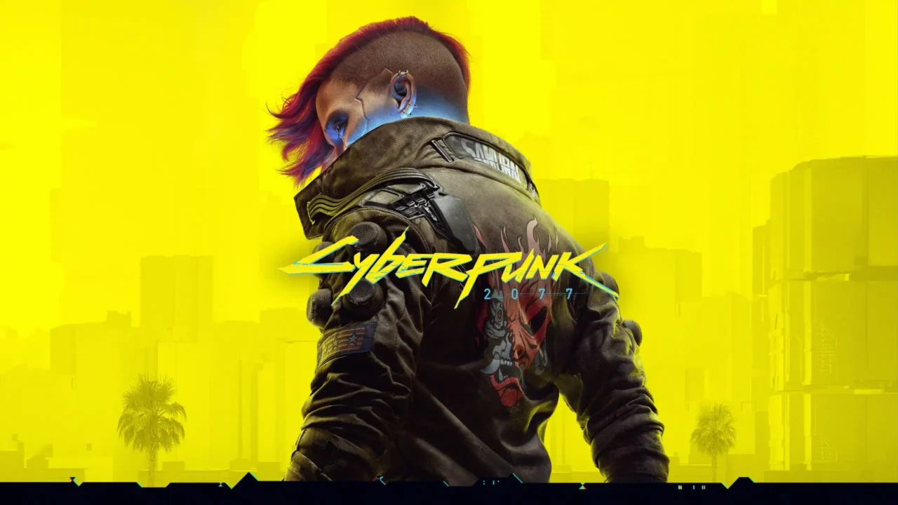 Cyberpunk 2077 official promotional artwork featuring V with a cybernetic style and Samurai jacket on a yellow background.