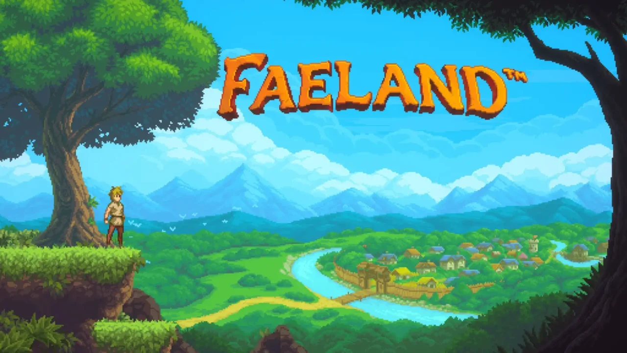 Faeland pixel-art key art: hero on a cliff overlooking a river, walled village, and blue mountains