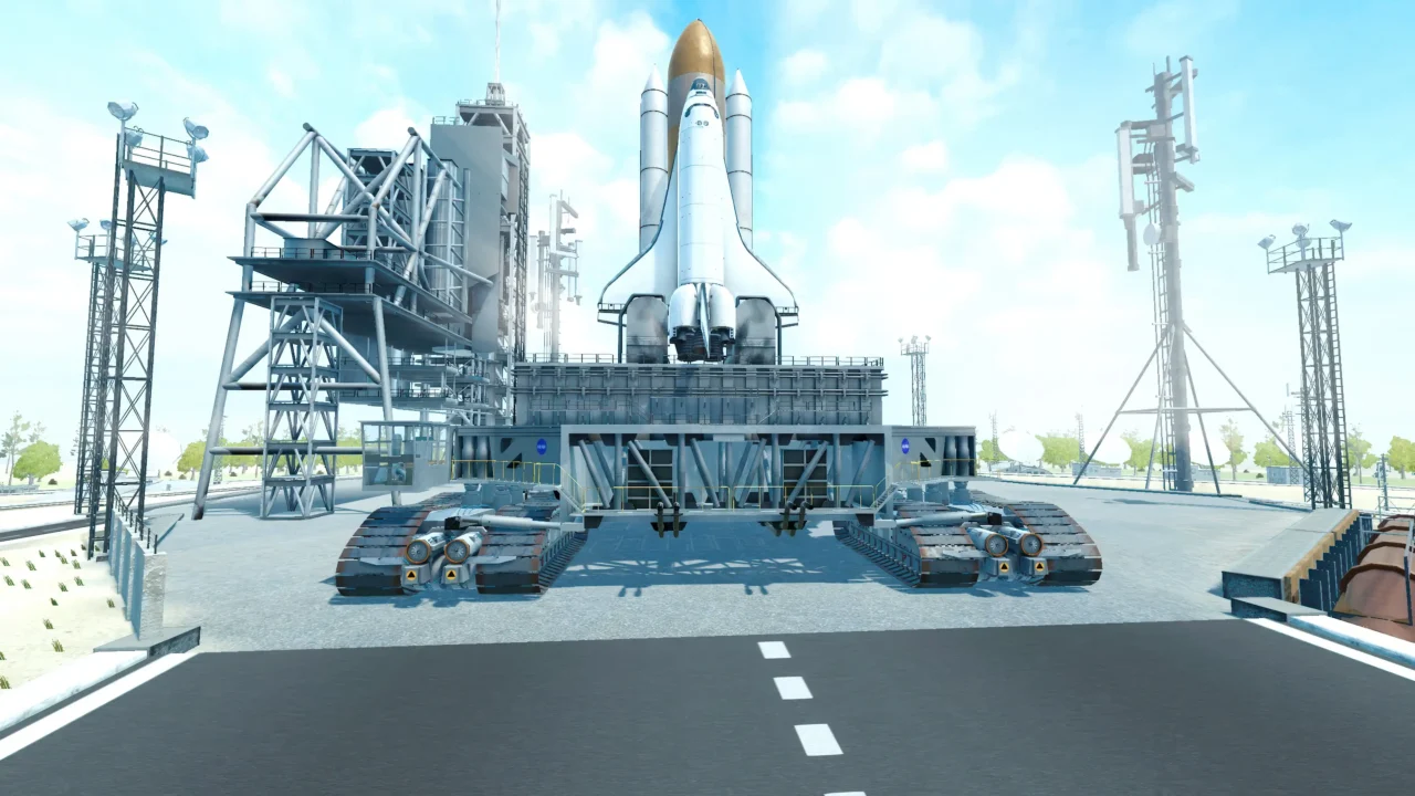 Space shuttle on crawler-transporter approaching launch platform in Giant Machines 2017