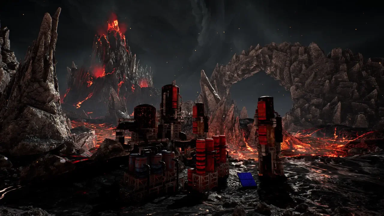 Grand Emprise 2: Portals Apart — volcanic portal world with lava flows, jagged rock spires, stone arch, and an industrial outpost in the foreground