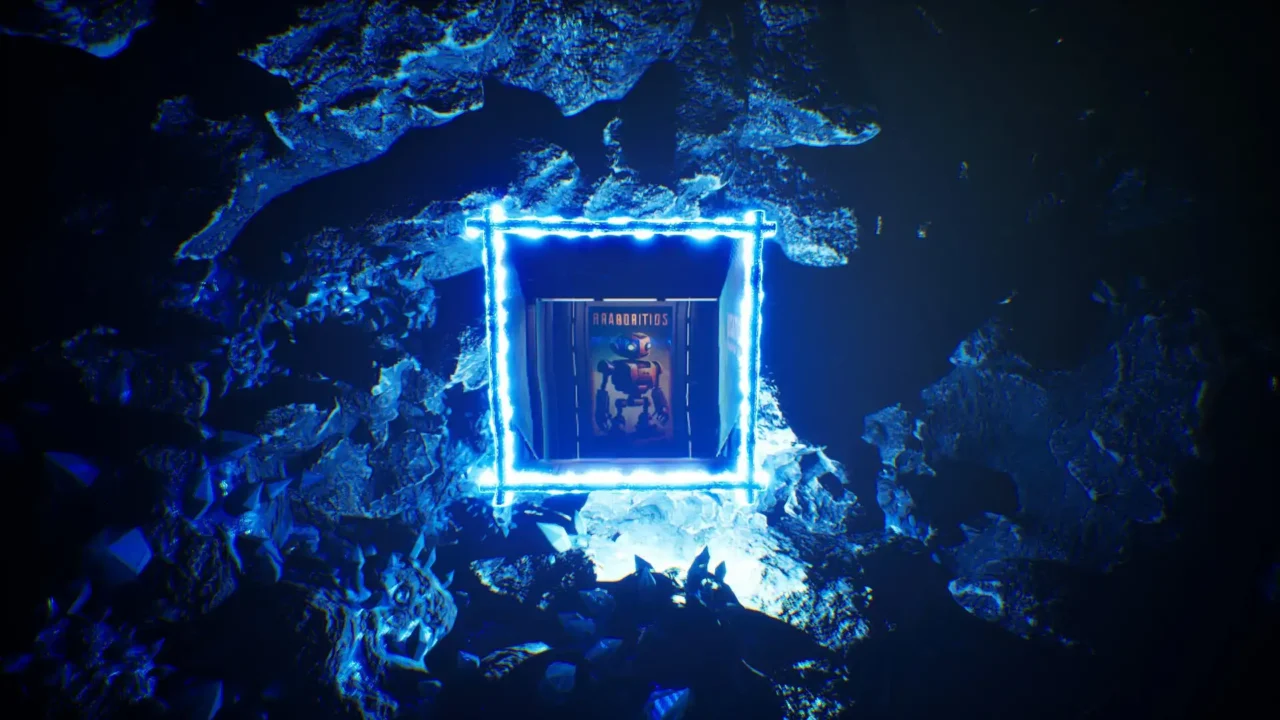 Neon-lit portal framing a robot poster in a cavern scene