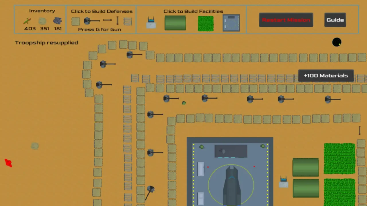 A top-down view of a fortified base in Fortified Space, featuring turrets, sandbag walls, wire fences, and a landed dropship