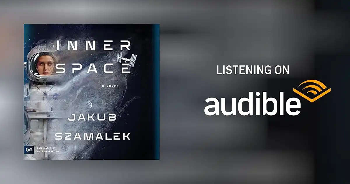 Cover of the novel Inner Space by Jakub Szamałek, showing an astronaut with part of their body dissolving into space, with the International Space Station and Earth in the background.