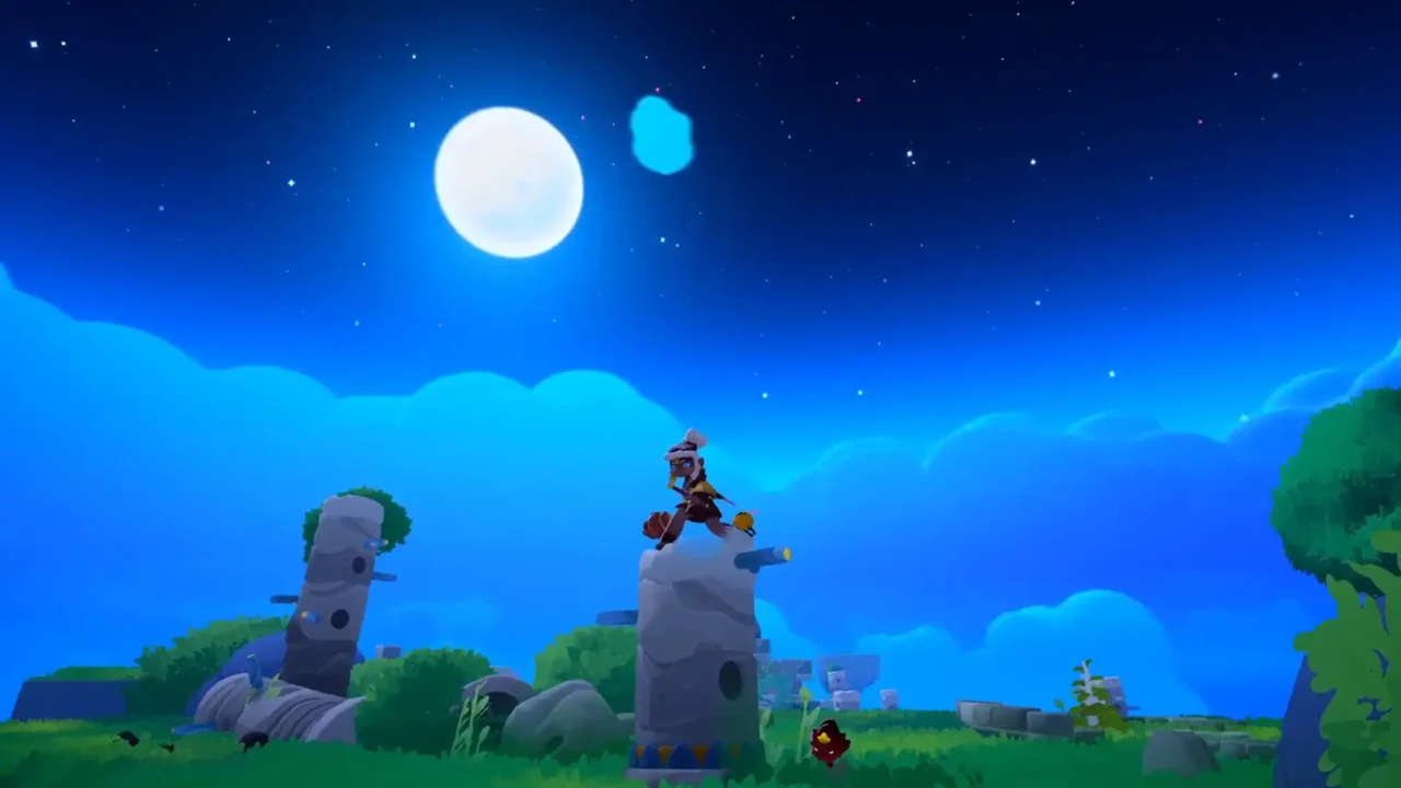 Abi standing under the moonlight in Rewilders: The Lost Spring, overlooking ruins and fields at night.