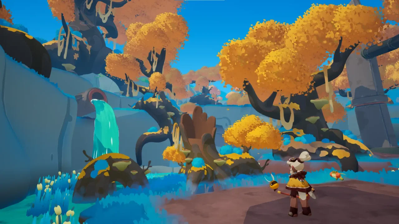 Colorful in-game screenshot from Rewilders: The Lost Spring, showing Abi exploring a vibrant autumn forest biome with glowing waterfalls and twisted trees.