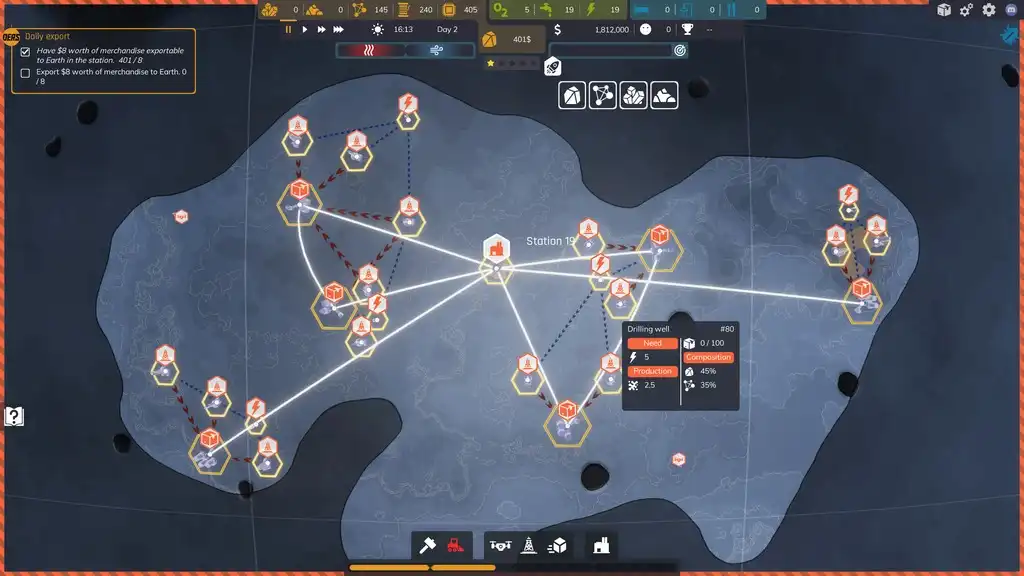 Strategic map view of Space Drilling Station showing drilling wells, resource nodes, and transport links.