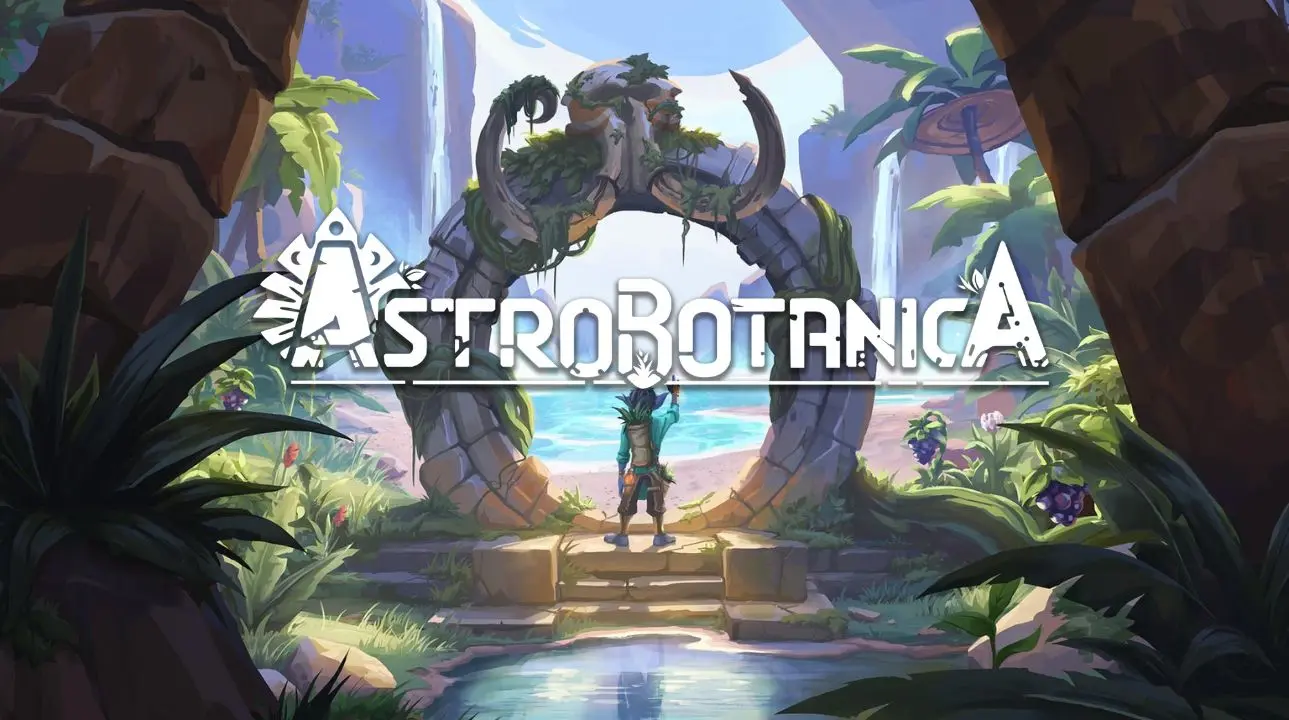 ASTROBOTANICA game key art showing alien protagonist exploring prehistoric Earth