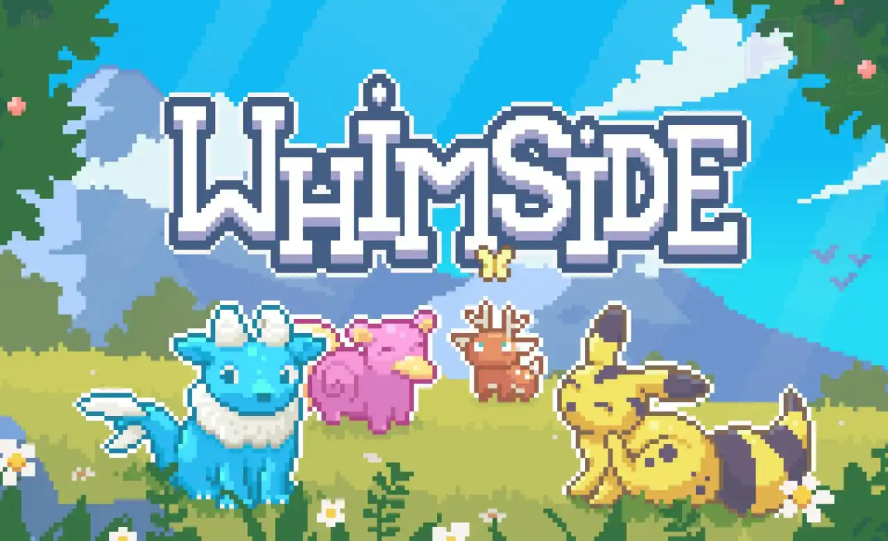 Whimside key art featuring four colorful pixel creatures in a grassy field with mountains, trees, and a blue sky in the background.