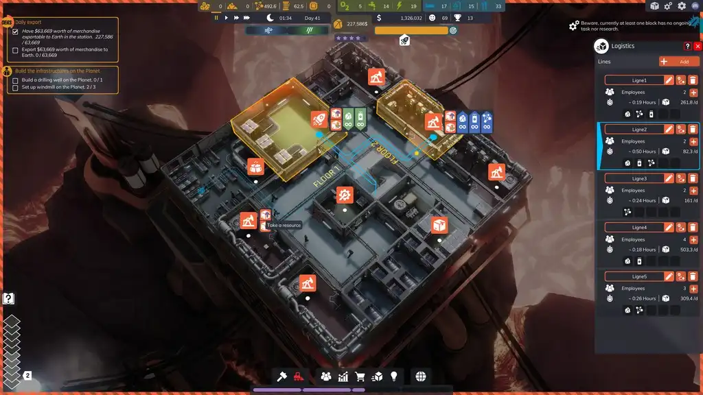 Interior view of a drilling station floor with employee assignments, logistics lines, and production blocks.