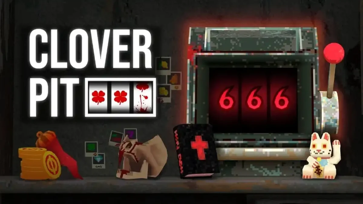 Clover Pit key art with a slot machine showing 666, pixel props on a shelf, and the game logo
