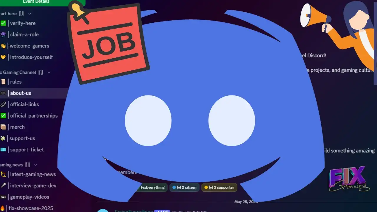 Discord logo with a "Job" sign overlay, Fix Gaming Channel branding in corner