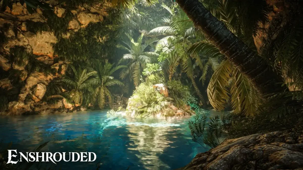 Sunlit tropical lagoon with clear blue water and dense palms inside a rocky cove in Enshrouded.