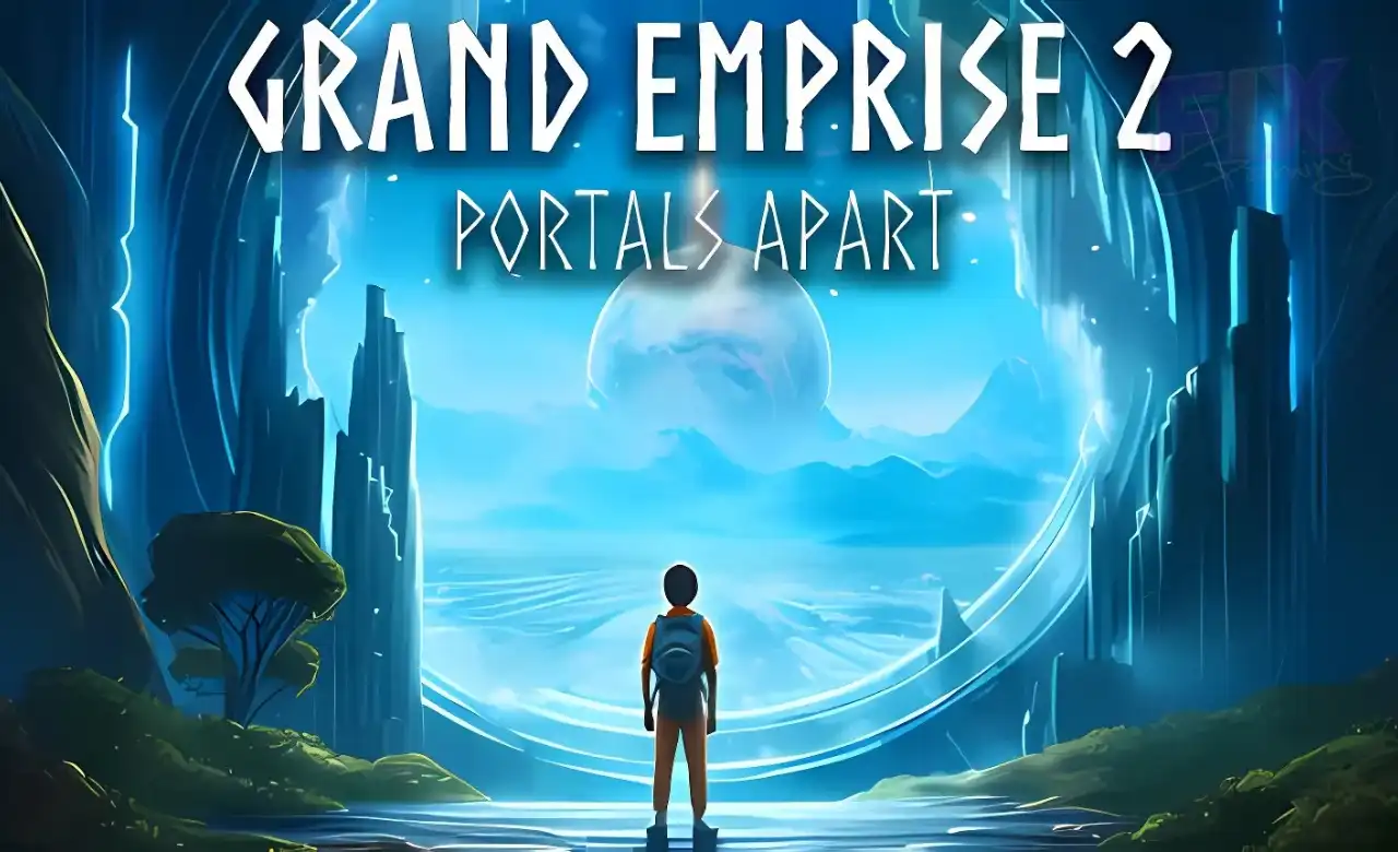 Grand Emprise 2: Portals Apart key art — lone traveler facing a glowing blue portal to an alien landscape