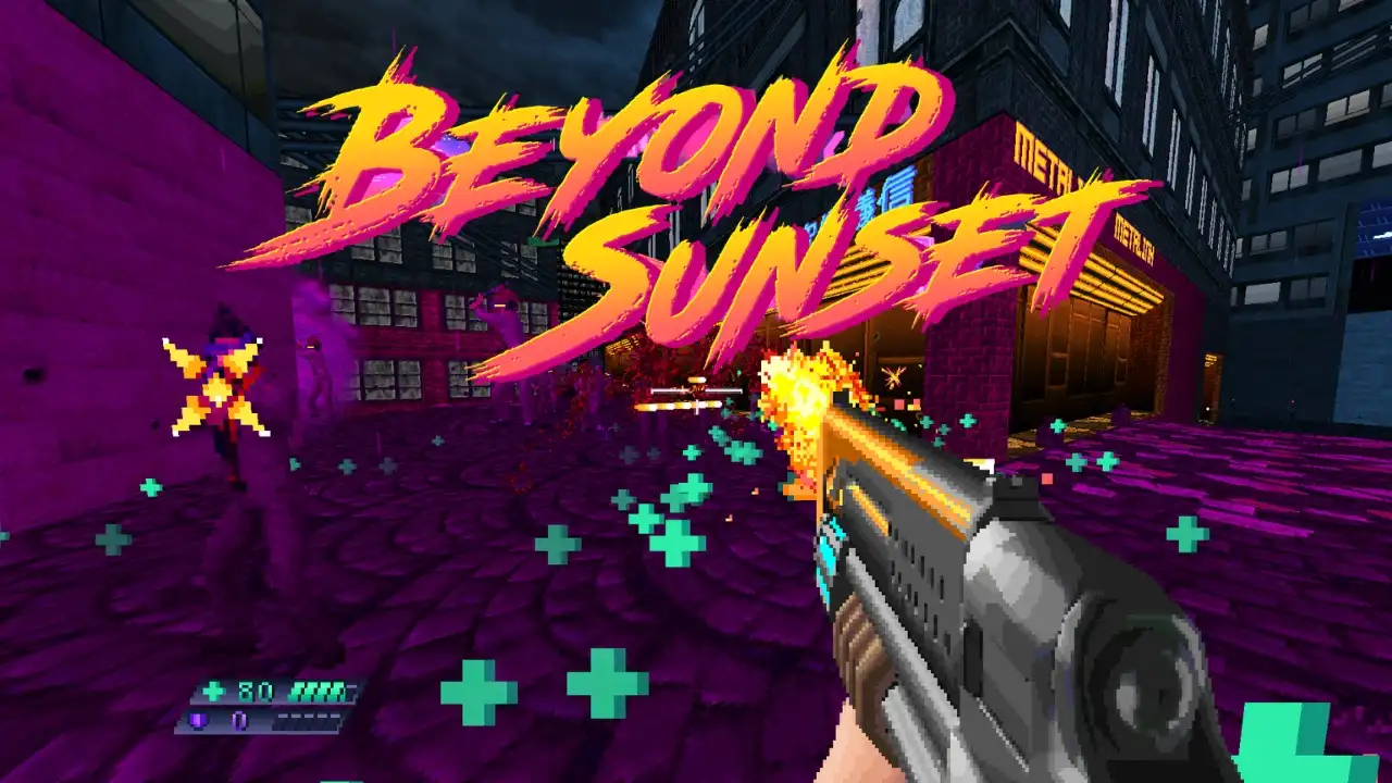 Beyond Sunset — neon-soaked retro FPS combat in Sunset City, muzzle flash and pixel effects in the foreground