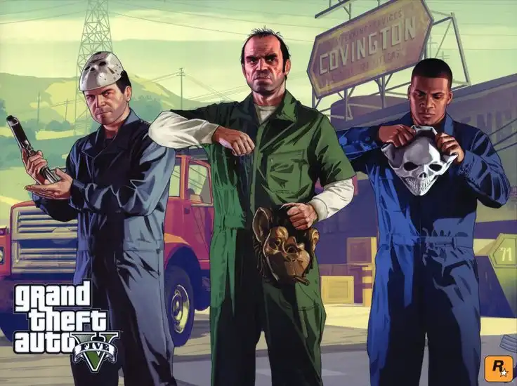 Grand Theft Auto V heist artwork—Michael, Trevor, and Franklin with masks and gear.