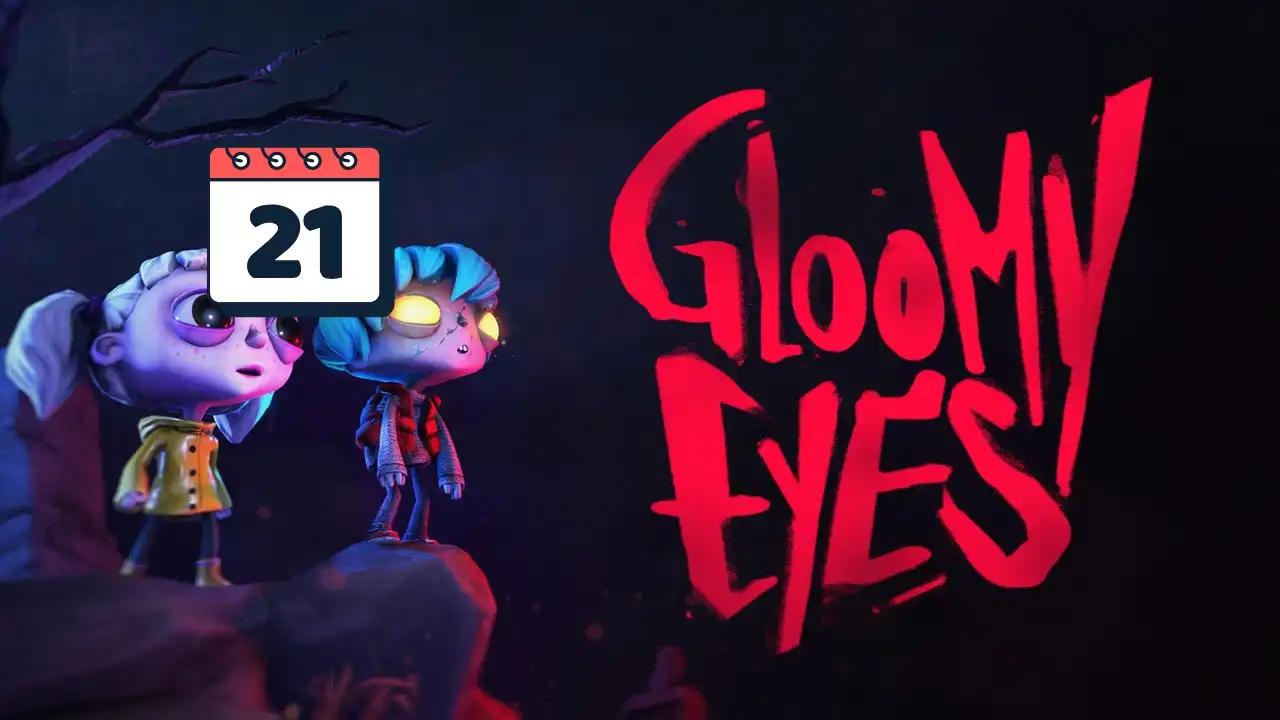 Game of the Week #21 Gloomy Eyes — Nena and Gloomy on a cliff under moonlight, red “Gloomy Eyes” logo; Fix Gaming Channel feature art.