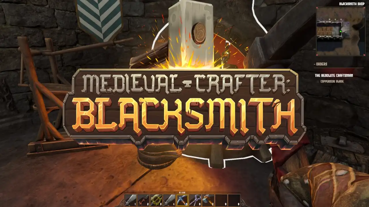 Medieval Crafter: Blacksmith — logo over a glowing forge