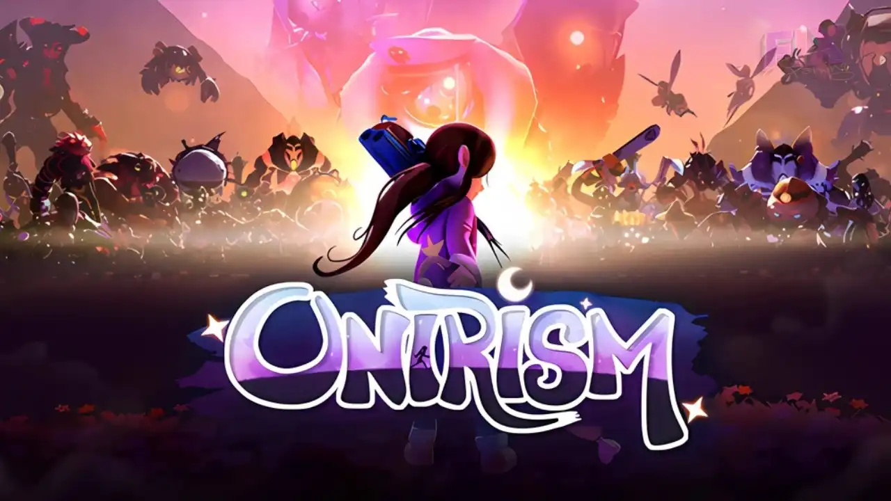 Onirism key art: Carol stands facing a crowd of dreamlike enemies beneath a glowing portal; “Onirism” logo in the foreground.