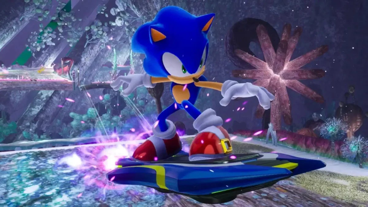 Sonic riding an EX Gear hoverboard in Sonic Racing: CrossWorlds (official screenshot)