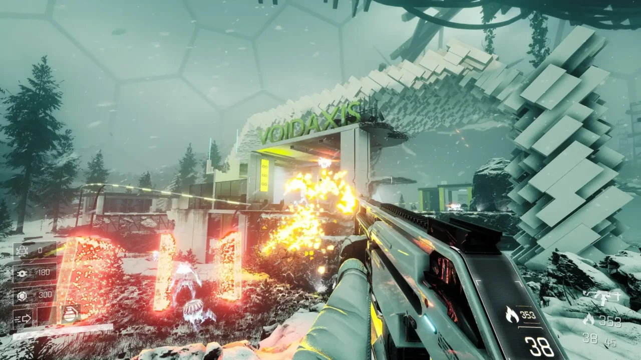 VOIDBREAKER screenshot: first-person firing a rifle in the snowy Voidaxis facility under a geodesic dome; bright muzzle flash, red energy barriers and angular architecture in the background.