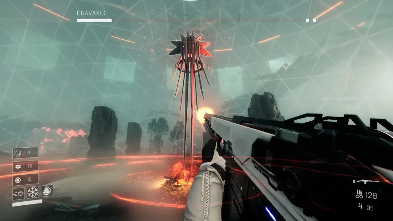 VOIDBREAKER screenshot: first-person aiming at the GRAVAXIS boss inside a geometric dome; red energy ring and sparks as shots land.