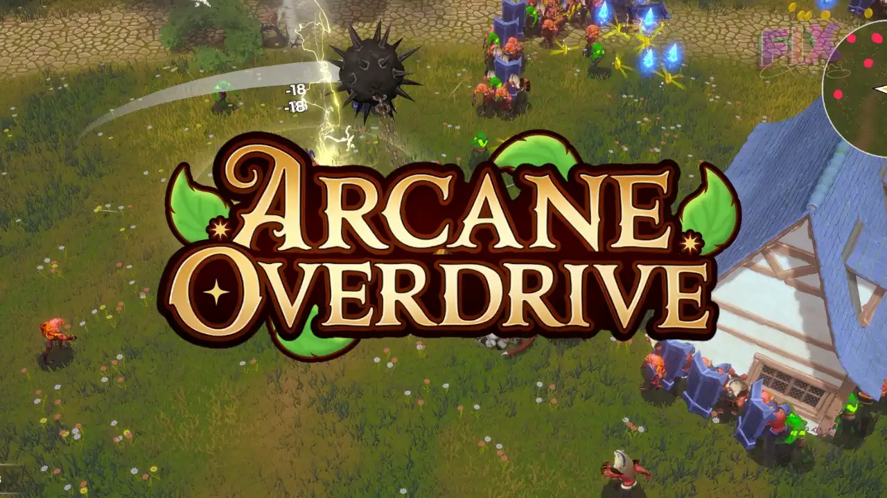 Arcane Overdrive logo over a fantasy battlefield gameplay scene