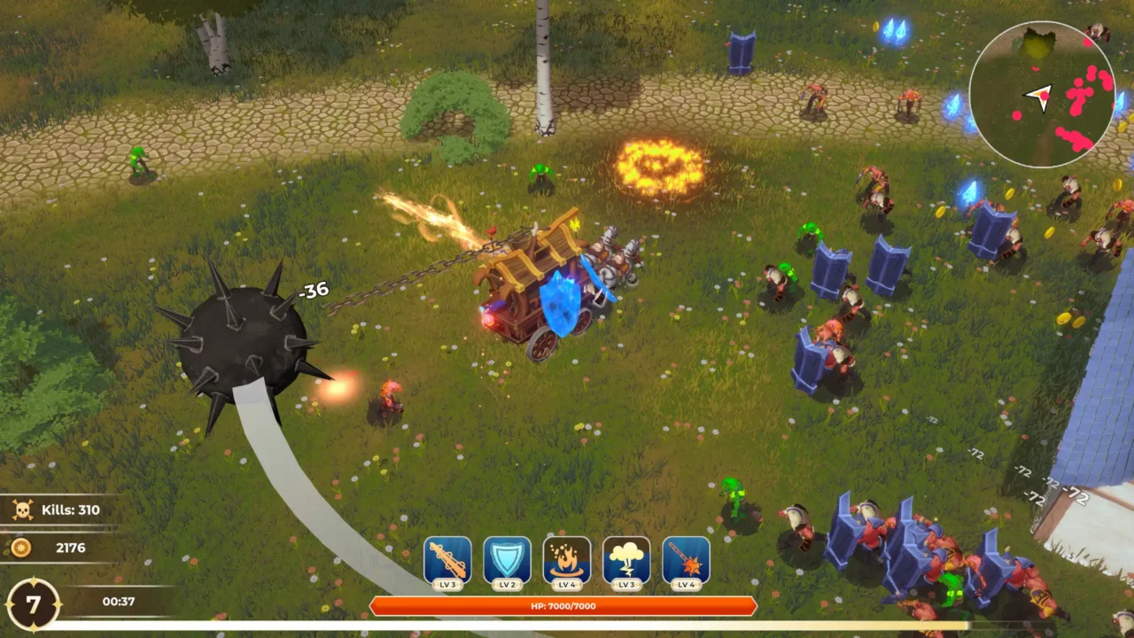 Carriage-style war machine using a shield and flamethrower while enemies surround it in Arcane Overdrive
