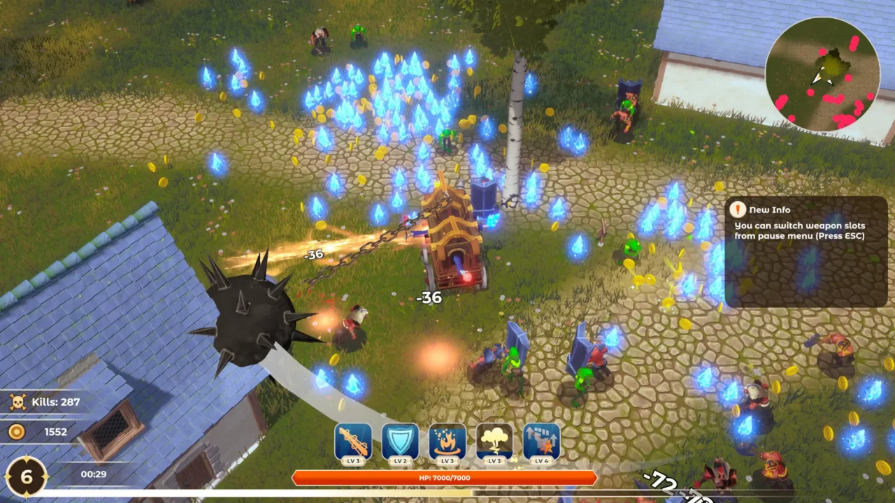 Top-down Arcane Overdrive screenshot with a carriage and spiked flail sweeping through enemies, blue crystals and coins scattered