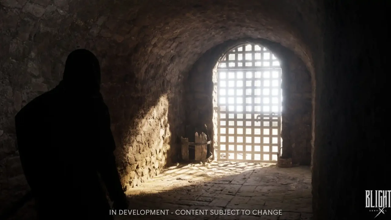 Hooded figure in a stone tunnel facing a barred gate with bright light spilling in — Blight: Survival.