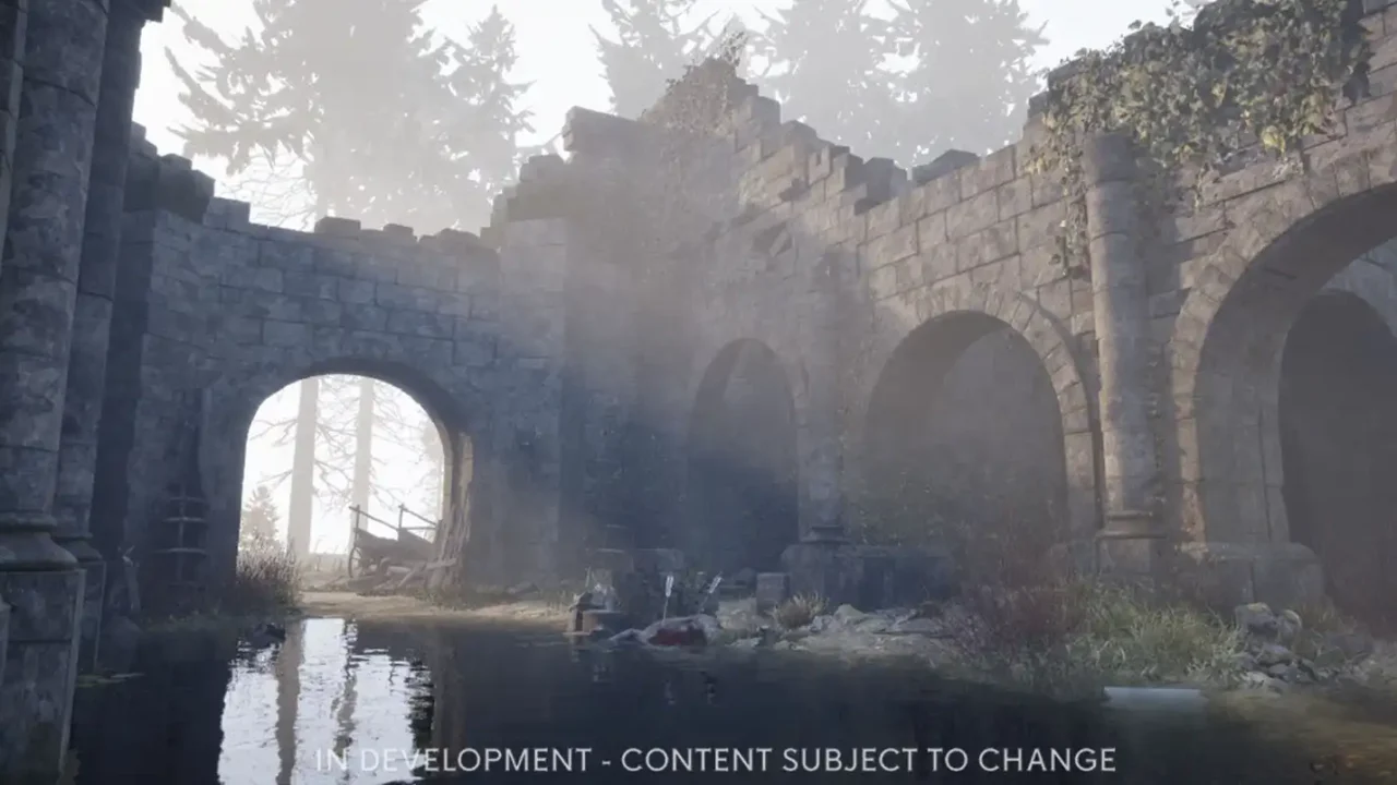 Sunlight through ruined stone arches onto a shallow flooded courtyard with debris — Blight: Survival.