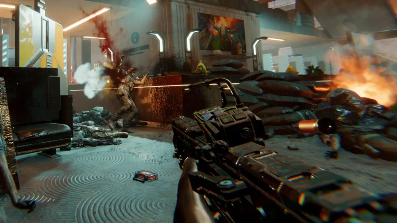 Den of Wolves screenshot—first-person LMG fire across a lobby as enemies fall behind cover.