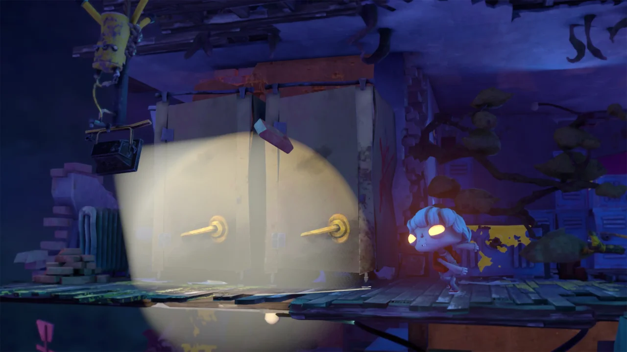 Gloomy sneaks along a wooden catwalk as a swinging spotlight hits two battered doors in Gloomy Eyes.