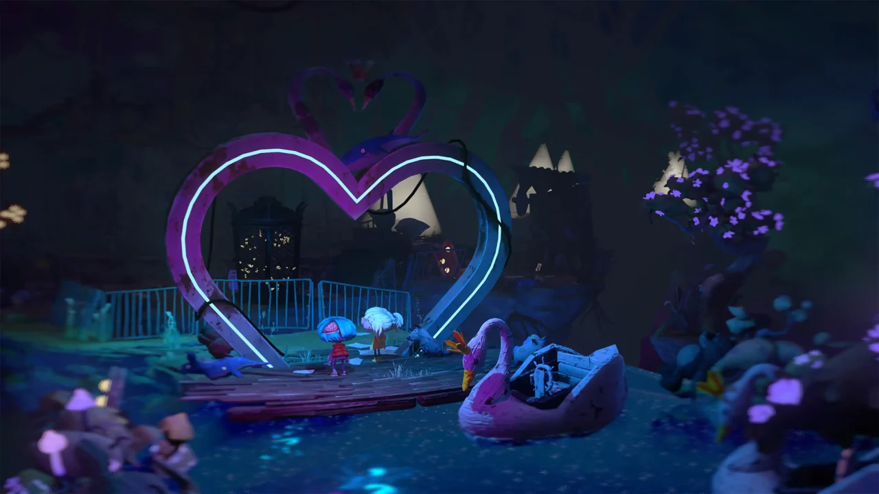 Nena and Gloomy stand beneath a neon heart arch on a riverside dock beside a swan boat in Gloomy Eyes.