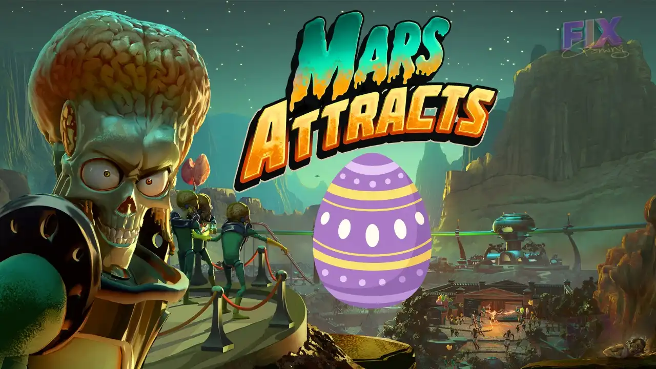 Mars Attracts thumbnail with Martian leader, park vista, game logo, and a centered purple Easter egg teaser (Fix Gaming Channel).