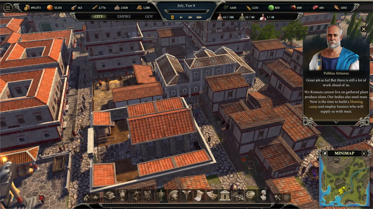 Dense Roman neighborhood with advisor prompt to build a hunting camp in Pompeii: The Legacy (Year 8).