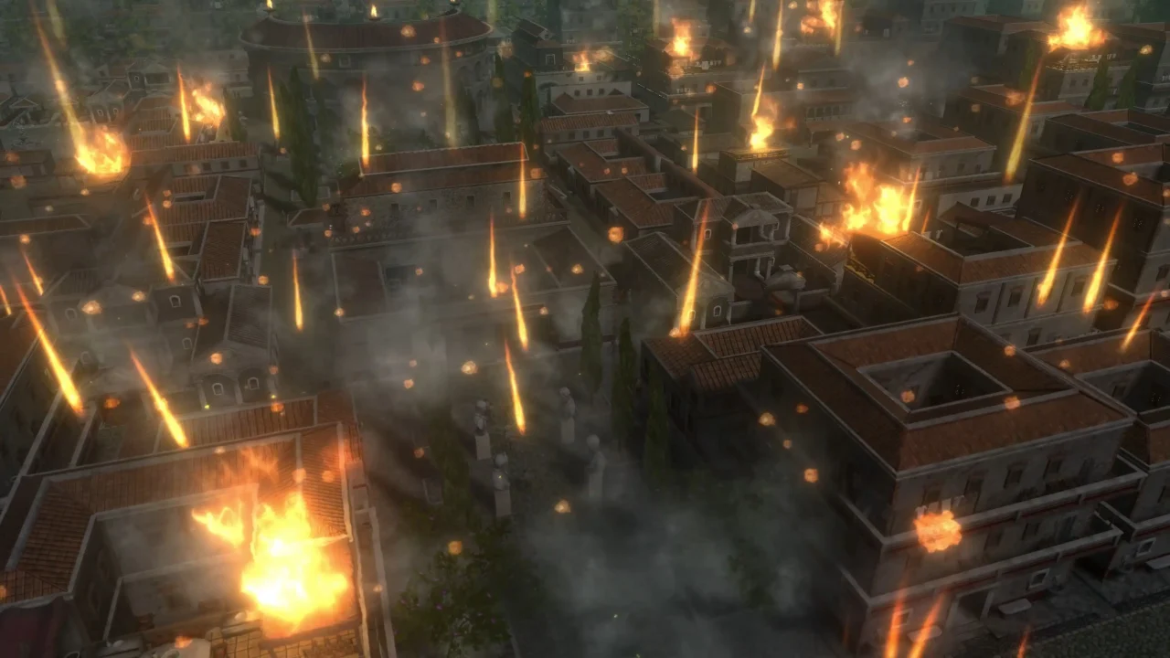 Volcanic fire rain striking rooftops in Pompeii: The Legacy during a disaster event.