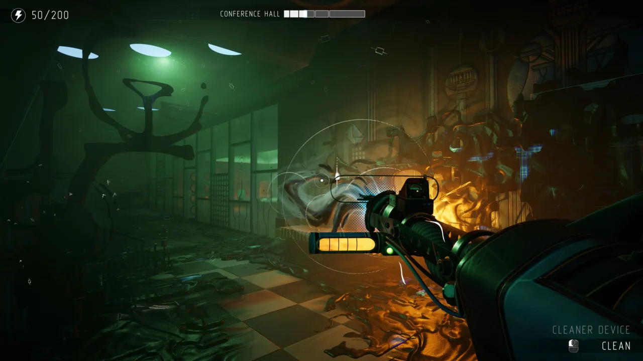 Using a cleaner device to clear black growth in the Conference Hall in The Lift