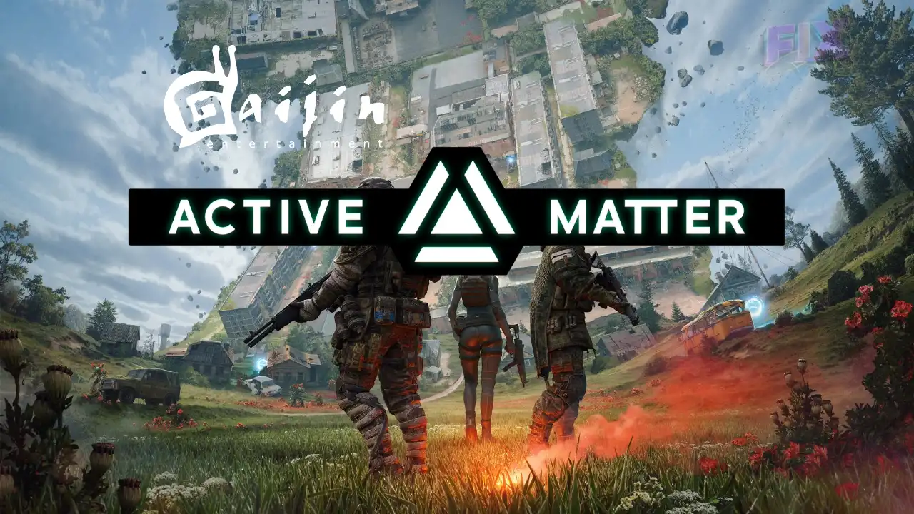 Squad stands before a warped skyline as the Active Matter logo cuts across the frame.
