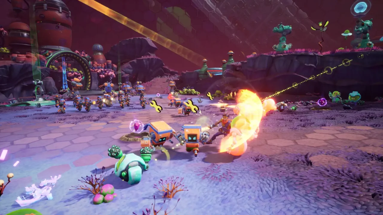 Chip ‘n Clawz vs. The Brainioids screenshot showing the hero leading orange-blue bots in a lane push as Brainioid fire streaks overhead.