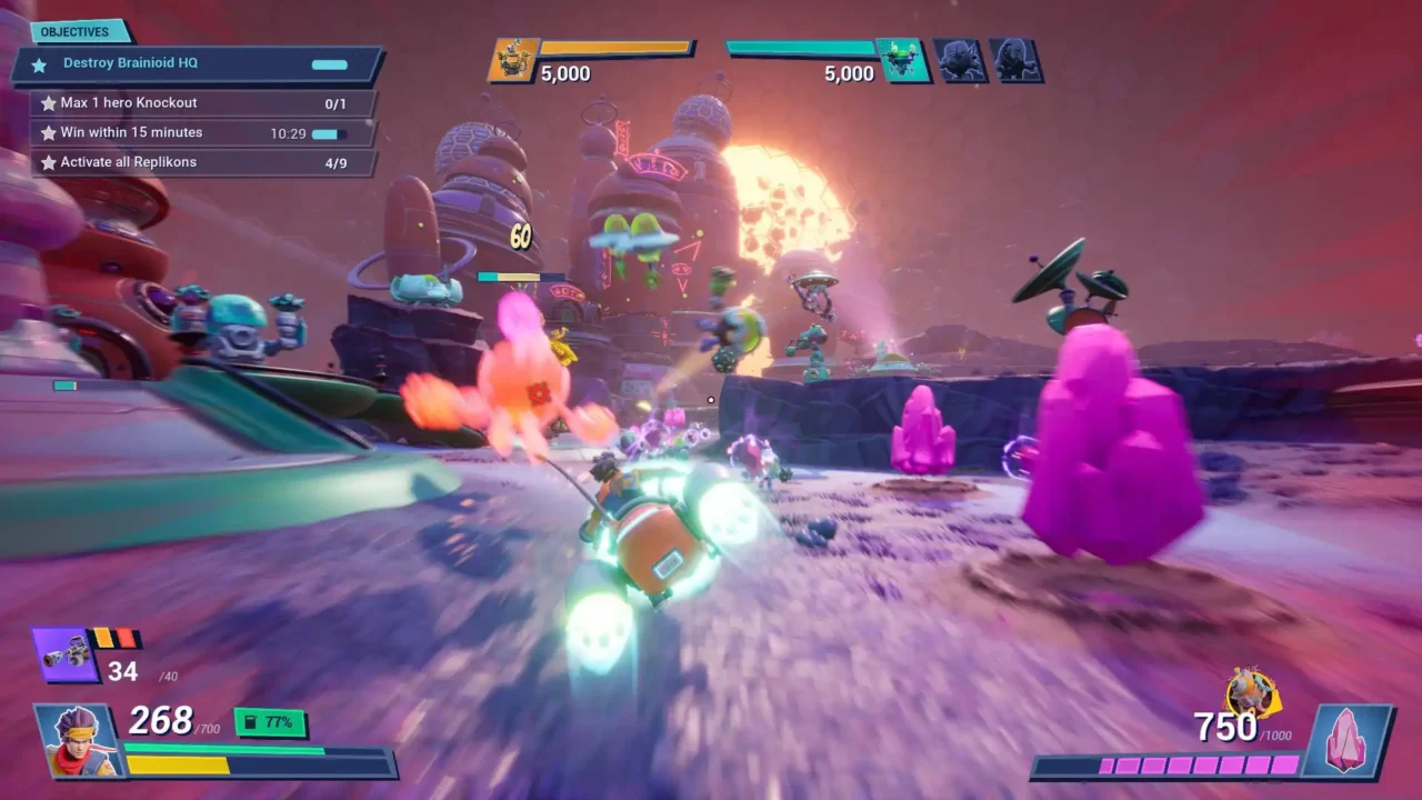 Chip ‘n Clawz vs. The Brainioids screenshot of high-speed hoverbike combat with mission objectives on screen.