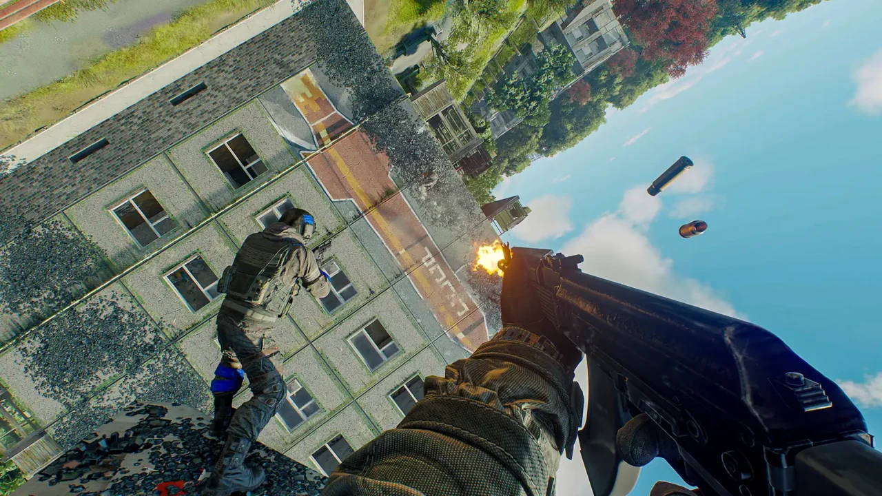 First-person AK firefight as gravity tilts a city block sideways.