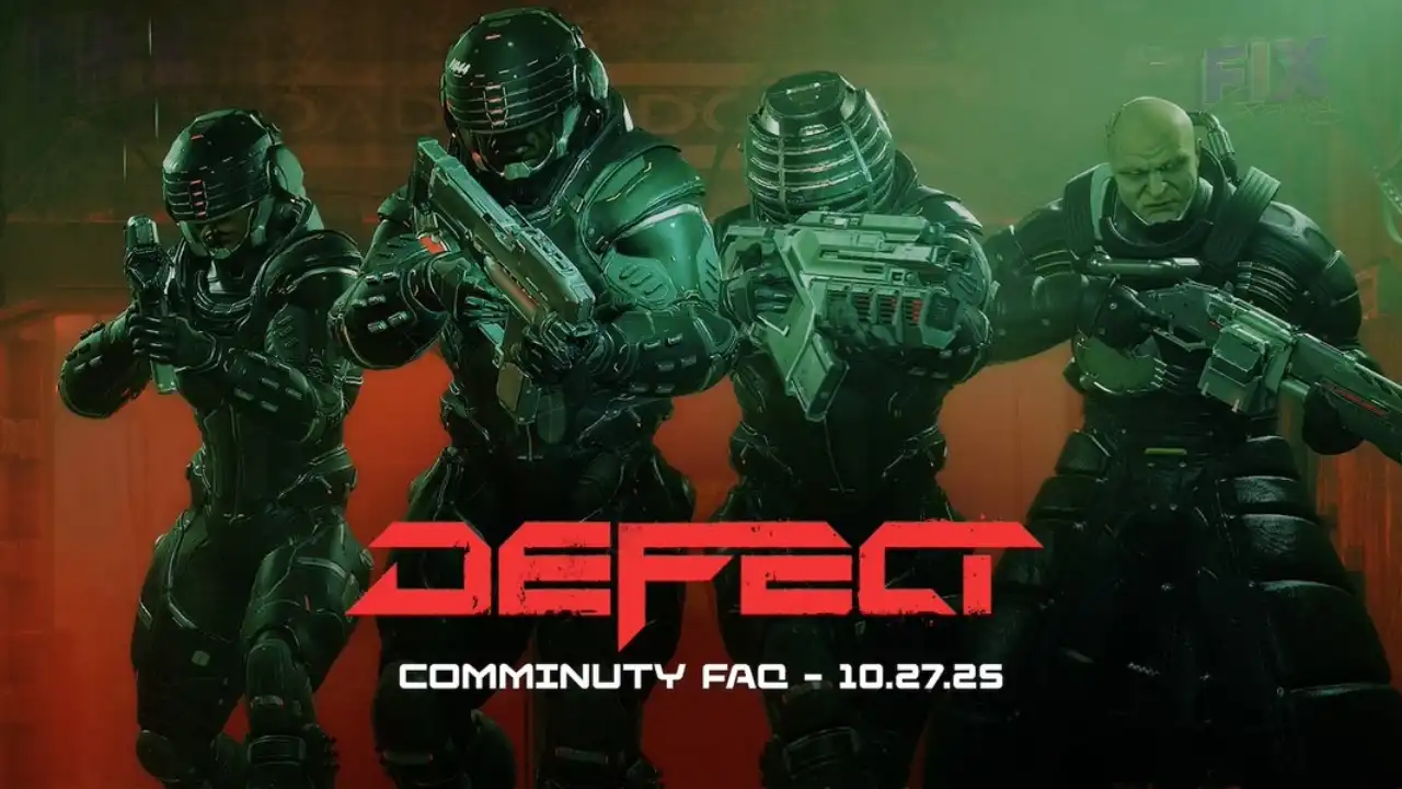 Four armored operatives with rifles under green-red lighting, DEFECT logo and “Community FAQ — 10.27.25.”